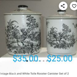 Vintage Black And White Toile Rooster Canister Set Of 2