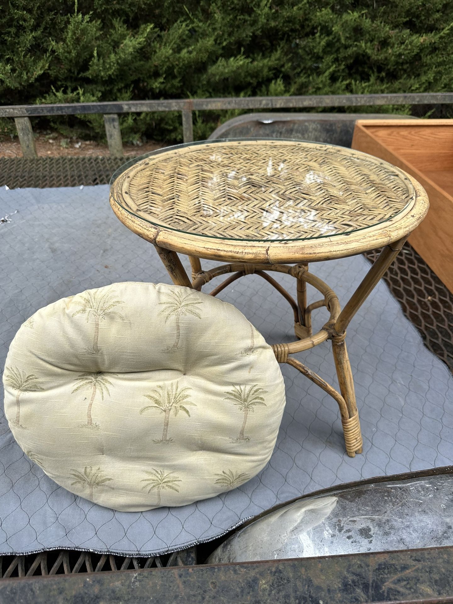 Bamboo Glass Top Accent Table w/Chair Pad