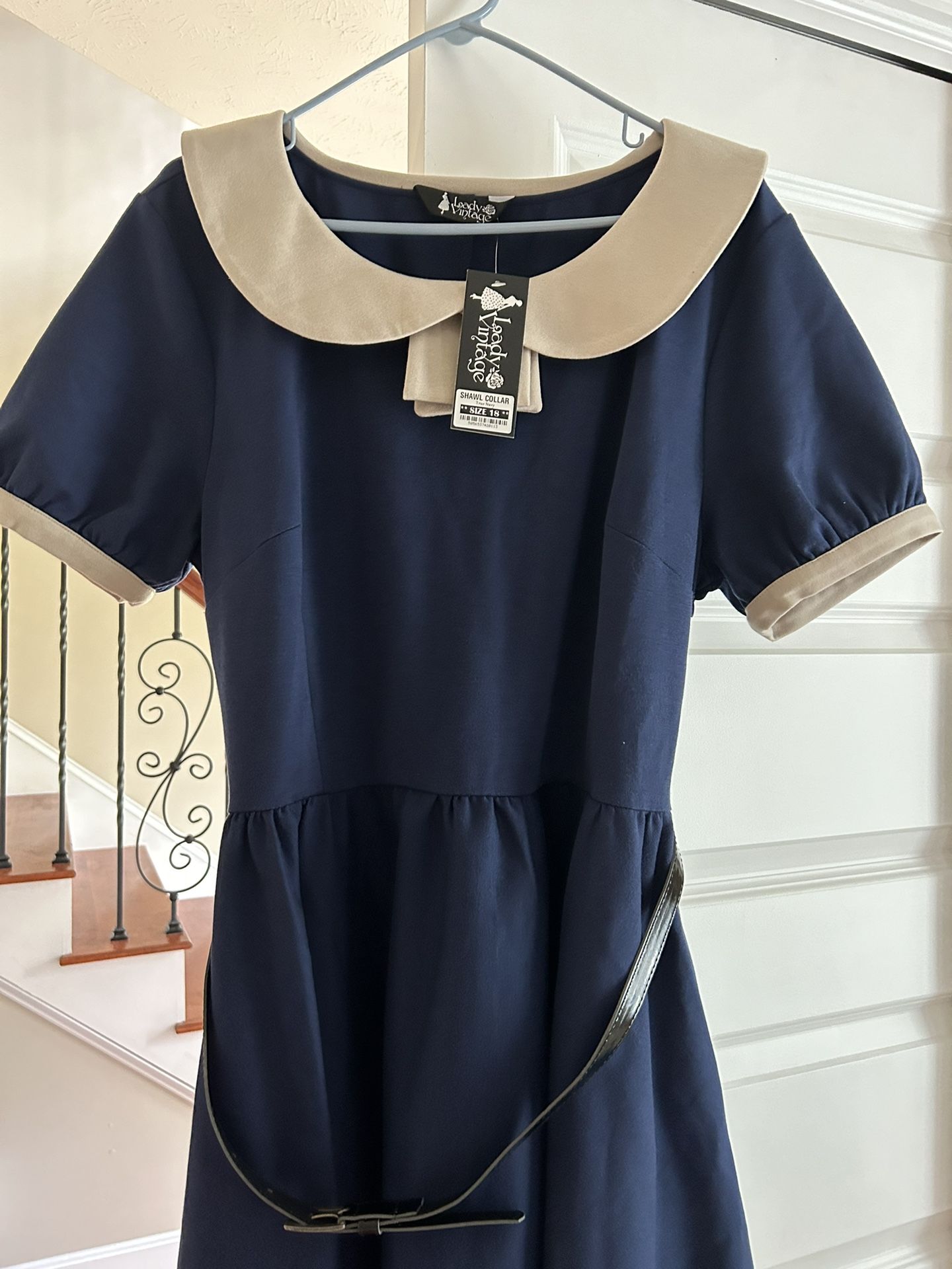 Lady Vintage Blue Navy Shawl Collar Dress Size 18
