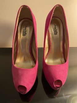 Hot Pink Suede Open Toe Stiletto Heels - Size 7