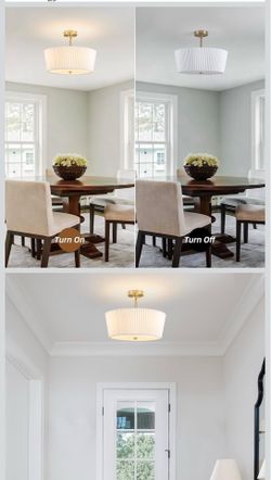 Gold 3-Light Semi-Flush Mount Ceiling Light, Modern Conical Drum Fixture with 17.71-Inch White Pleated Fabric Shade—Ideal for Nursery, Hallway, or Bed