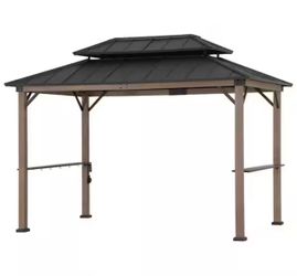 Sunjoy 8 ft. x 12 ft. Hammered Brown Churchill Cedar Framed Grill Gazebo with exclusive AC Power Port for Backyard