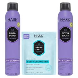 HASK Biotin Boost Thickening Dry Shampoo Duo (4.3oz-Qty 2) & Argan Oil Repairing Deep Conditioner Packette, Aluminum-Free, Sulfate-Free, Paraben-Free,