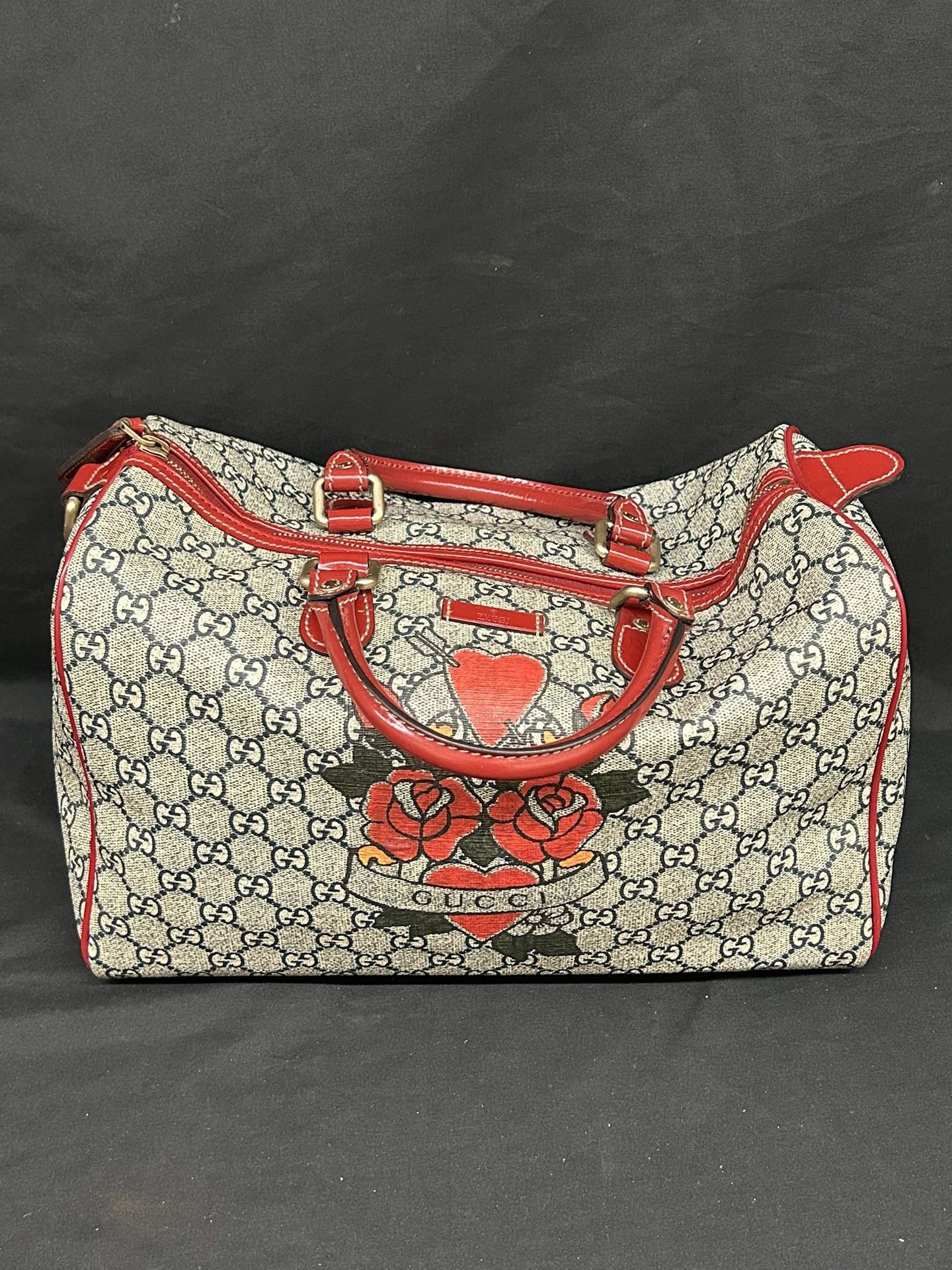 Gucci Boston Joy Tattoo Print Red w/ Blue GG Plus Handbag Bag Purse 189895