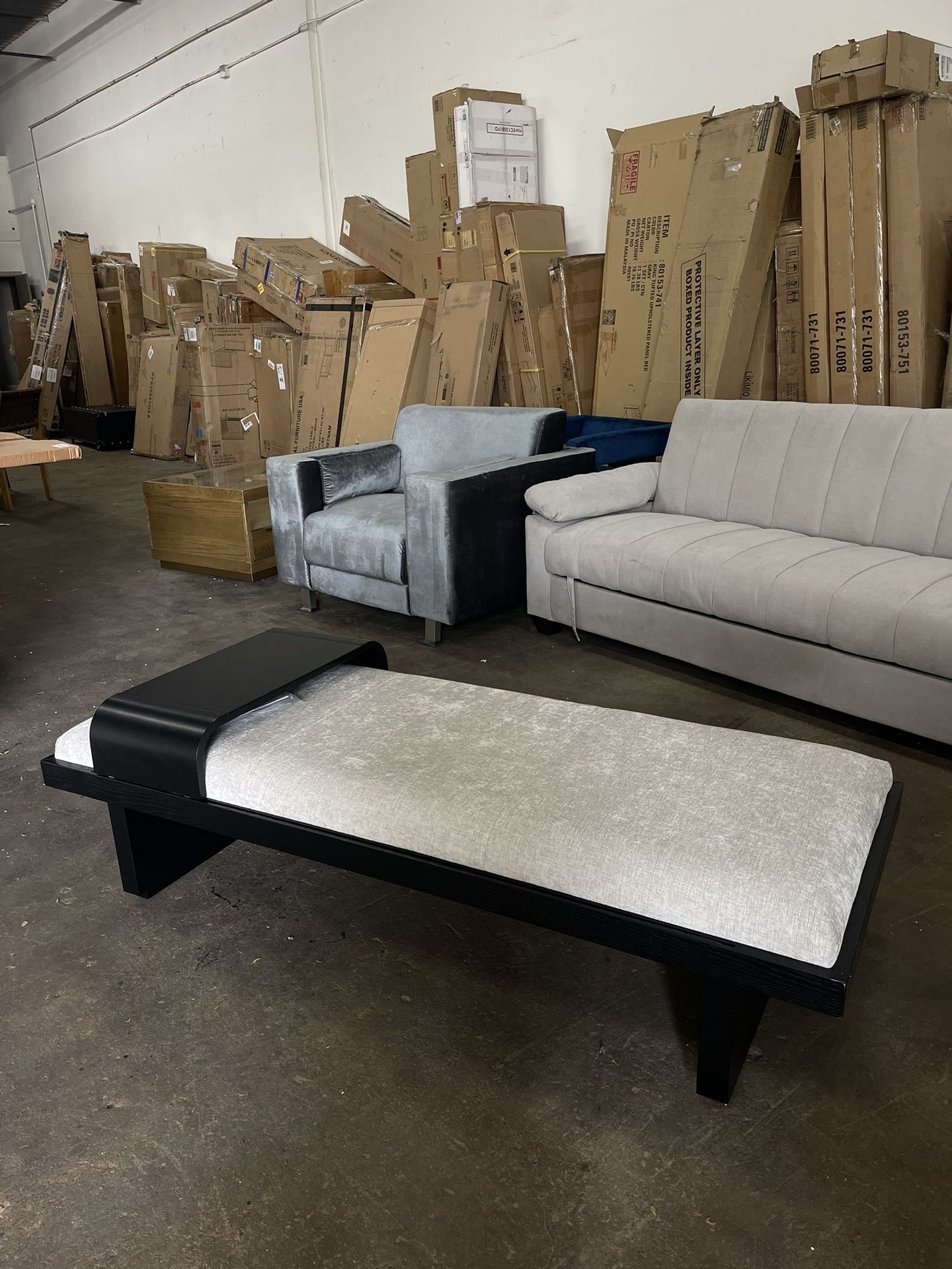 Arlington Mid-Century Modern Bench with Soft Chenille Fabric, Solid Wood, Sliding Wood Tray, 65”