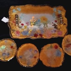 Gold floral hosting/serving tray set in geode vintage design
