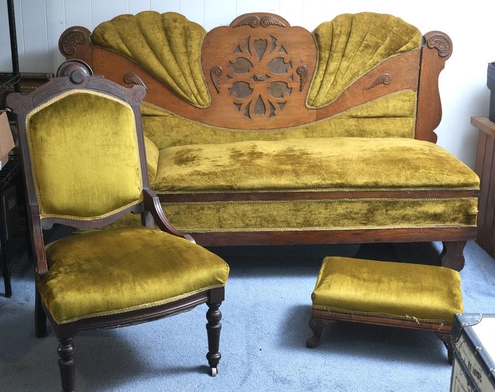 Antique Victorian Fainting Couch Set Olive Velvet Settee Chair Ottoman - Vintage