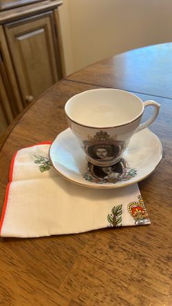 Queen Elizabeth cup and saucer with napkin