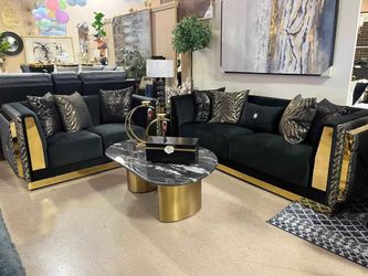 Luxury Black Velvet & Gold Trim Love Seat