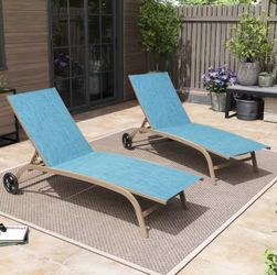 (Set of 2) All-Weather Aluminum Metal Outdoor Chaise Lounge Chairs in Blue with Wheels and 6-Adjustable Backrest