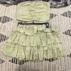 2pcs/Set Women Lace Ruffle Strap Crop Top & Skirt Outfit
