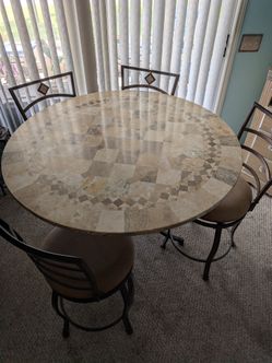 Round Mosaic Stone Top Pub Table with 4 Chairs