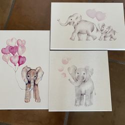 Set Of 3 Wall art Elephants/pink Hearts