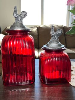 Red Glass Canister Set with Rooster Lids