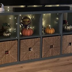 Vintage Ikea EXPEDIT (old version of KALLAX) teal bookcase / TV stand AND 4 KNIPSA storage bins