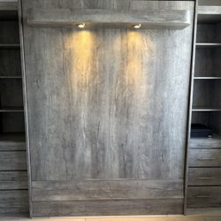 Boca Murphy Beds Custom Murphy Bed Queen Tempur- pedic Queen w Mattress Light Gray Wood Unit Storage Lights