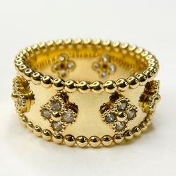 18KYG Cubic Zirconia Van Cleef & Arpels Inspired Perlée Clovers Ring Size 8.5