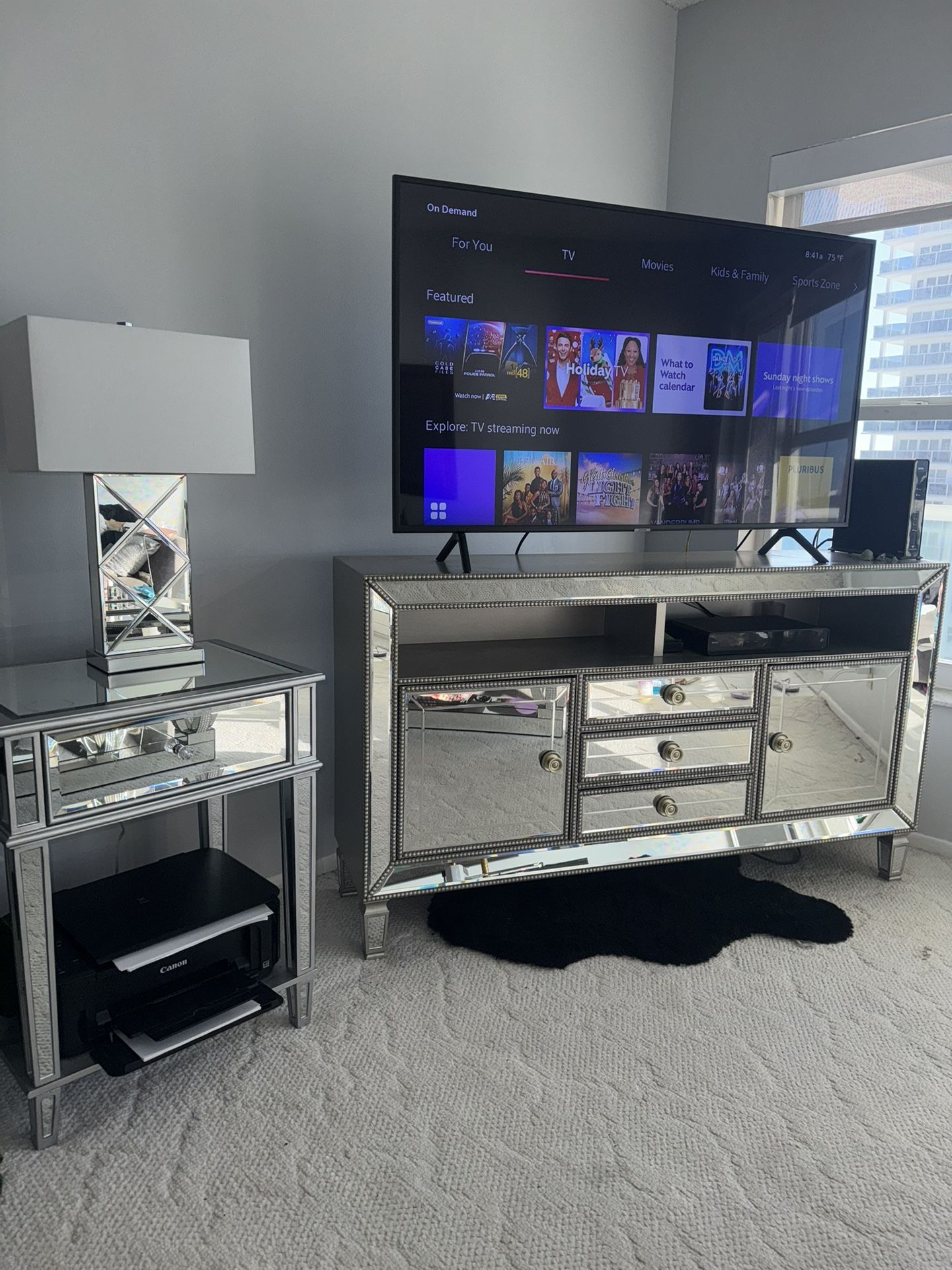 Mirrored TV Stand, End Table, and Lamp