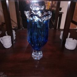 Murano-Style Vintage Leave Cobalt Blue Crystal Swirl Trumpet Statement Vase 12"