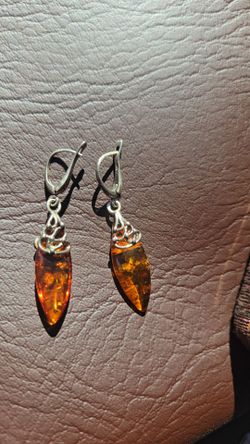 Amber Drop Earrings with Silver Setting