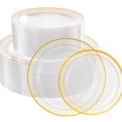 102PCS Clear Plastic Plates with Gold Rim