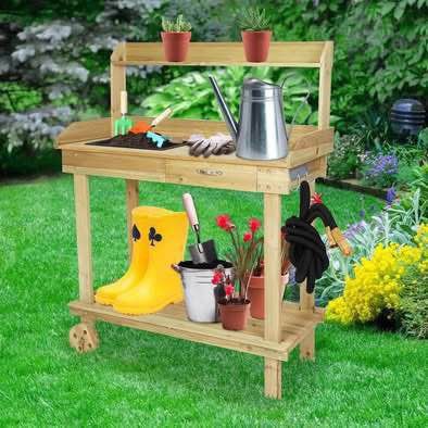 New Wood Potting Bench Work Station Table with Tabletop Removable Sink Drawer Shelves Hooks on Wheel