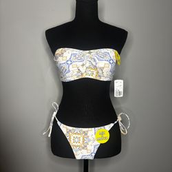 Forever 21 Bikini 2 Piece Set Swimsuit Size Medium White Blue Strapless 