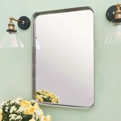 24x36 inch Brushed Nickel Silver Metal Framed Bathroom Mirror for Wall in Stainless Steel Silver Rounded Rectangular Bathroom Vanity Mirrors Wall Moun