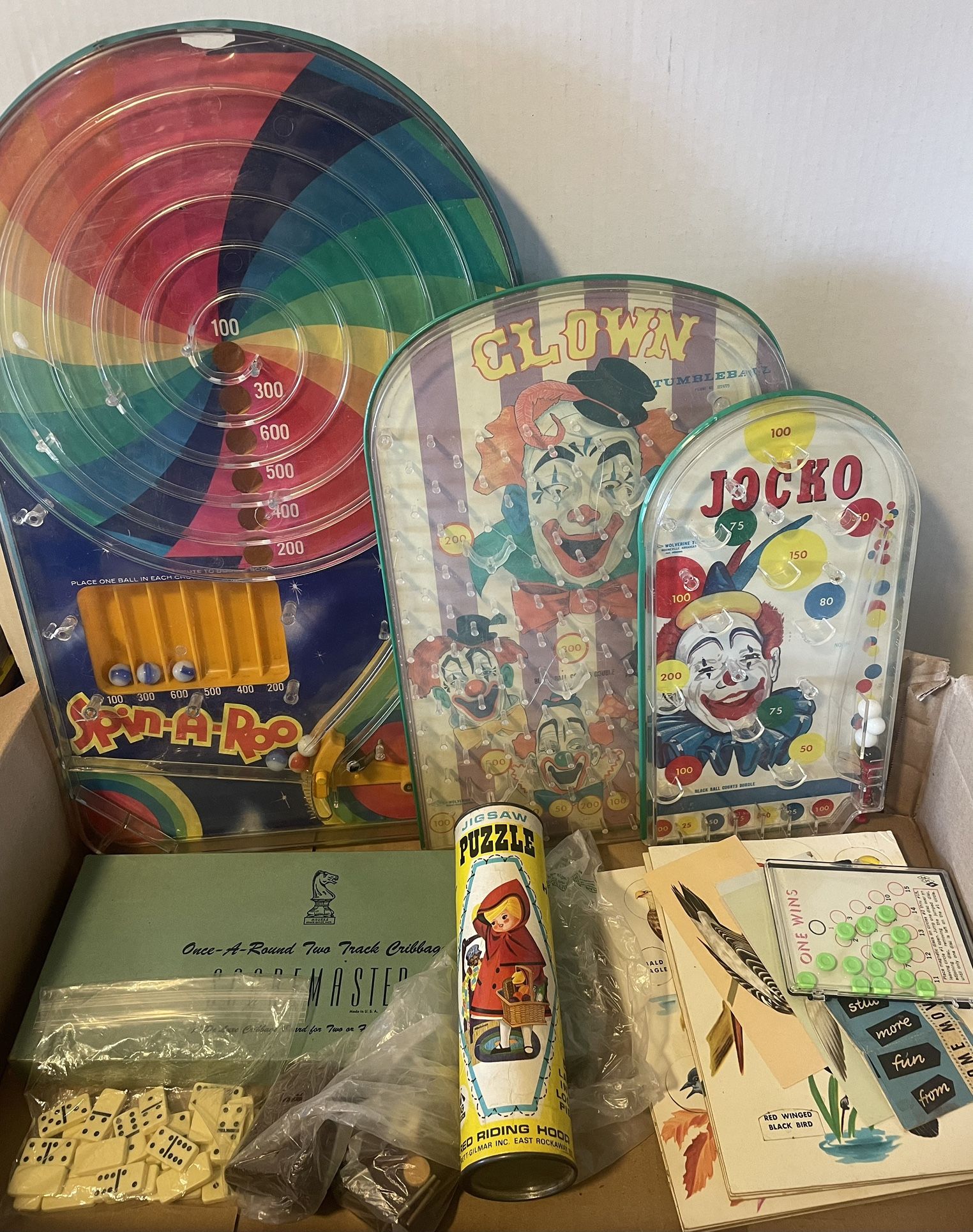 Vintage Game Lot Collection Old Pinball style Toys Puzzles Cribbage Dominoes
