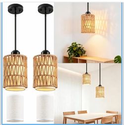 Rattan Pendant Light, 7 Inch 3-In-1 Boho Hanging Fixture With Iron Rods & Linen Shade, Adjustable Height & Sloped Ceiling Compatible For Kitchen Islan