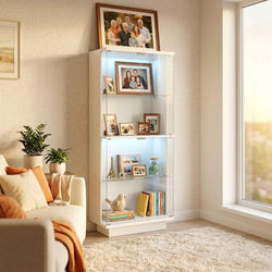 Display Cabinet with Glass Doors 4 Tier Glass Display Case with RGB LED Lights Display Cases for Collectibles Adjustable Shelves Display Case, for Gam