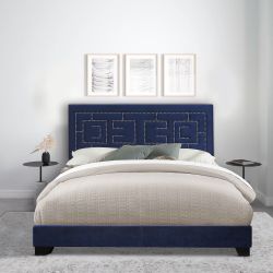 Queen Size Velvet Bed Frame/Vertical Channel Tufted Wingback Headboard/Upholstered Platform Bed Blue