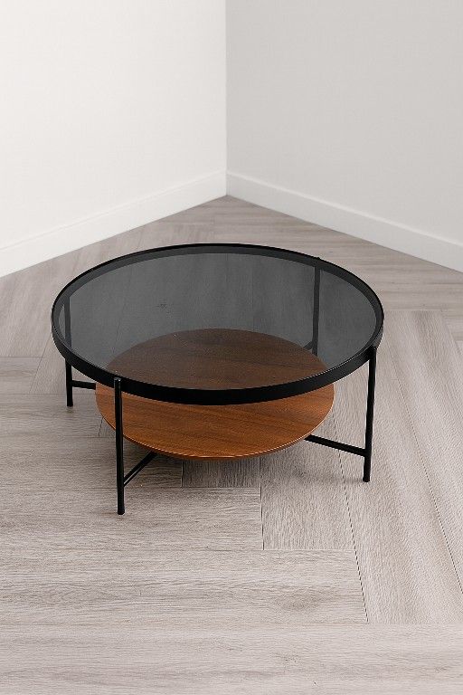Round Glass Woode Coffee Table 