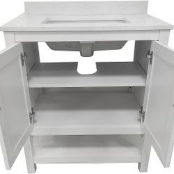 Flash Furniture Vega 30 Inch Bathroom Vanity with Sink Combo, Storage Cabinet with Soft Close Doors and Open Shelf, Carrara Marble Finish Countertop, 