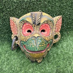 Balinese Style Monkey Mask Hand Carved Painted Wood Wall Hanging Folk Art