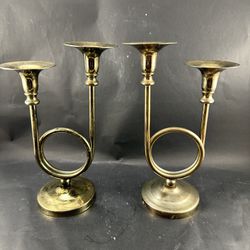 Set of 2 Brass French Horn Double Taper Candle Holders Mcm 11”