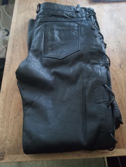 VINTAGE GENUINE THICK LEATHER BIKER PANTS WITH SIDE LACES - MEN'S SIZE 32X32 BLACK