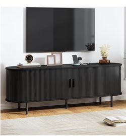 TV Stand 70 inches with Power Outlet, Modern Media Console with Sliding Doors, Entertainment Center for TVs up to 60 Inch, Adjustable Shelves, Black