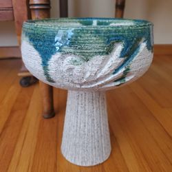 Vintage MCM Handcrafted Art Pottery Pedestal Chalice Footed  Bowl 