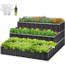 3-Tier Metal Raised Garden Bed 46x46x24 in Galvanized Steel Planter Box with Gloves and Scissors for Vegetables Herbs Flowers