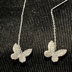 Silver Pave Butterfly Hanging Earrings , Post, 