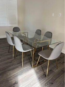 Big Glass Dining Table and 6 Gray Velvet Chairs