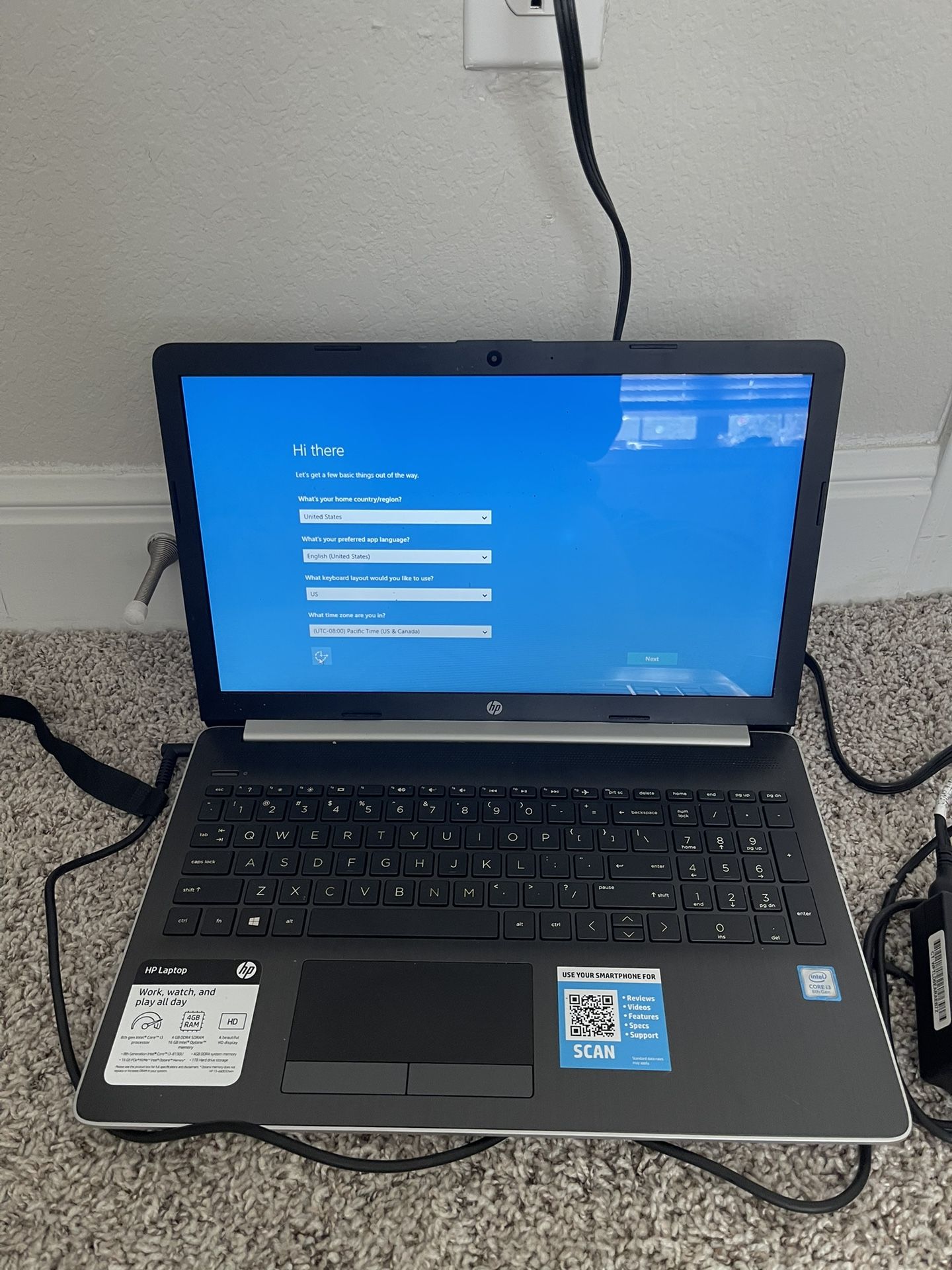 Laptop HP 15.6" HD Intel i3-8130U 3.4GHz 4GB DDR4 1TB HDD + 16GB. Win 10