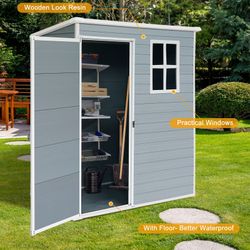 5ft x 3ft Resin Outdoor Storage Shed Plastic Garden Sheds with Floor and Lockable Door for Backyard, Lawn, Grey (W540S00019)