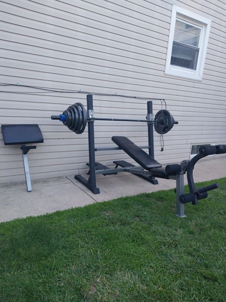 HEAVY DUTY OLYMPIC BENCH /7FT BAR /WEIGHTS /CLAMP 