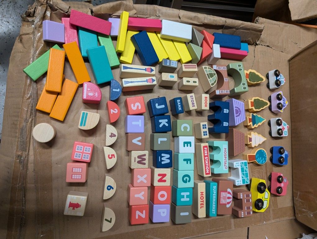 Wooden Painted Building Blocks - Cars, Buildings, Letters, Numbers