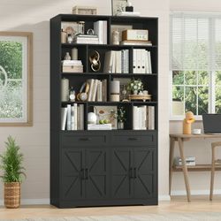 Black 4-Tier Open Cube Bookcase with Drawers & Storage