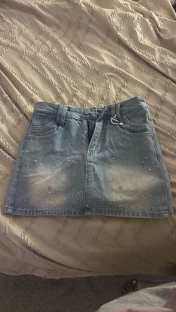 Light Wash Denim Mini Skirt with Rhinestones
