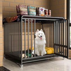 48Inch Heavy Duty Dog Crate Cage Kennel with Wheels, High Anxiety Indestructible Dog Crate, Sturdy