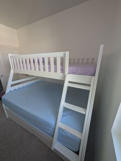 Kory Twin/Full Bunk Bed + Twin Mattress + Storage – Like New – $500